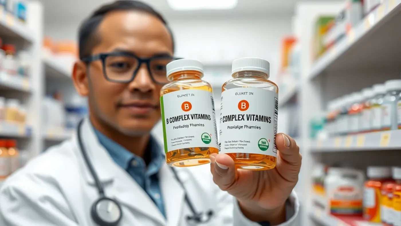 Dược sĩ cầm lọ vitamin tổng hợp có chứa vitamin B2