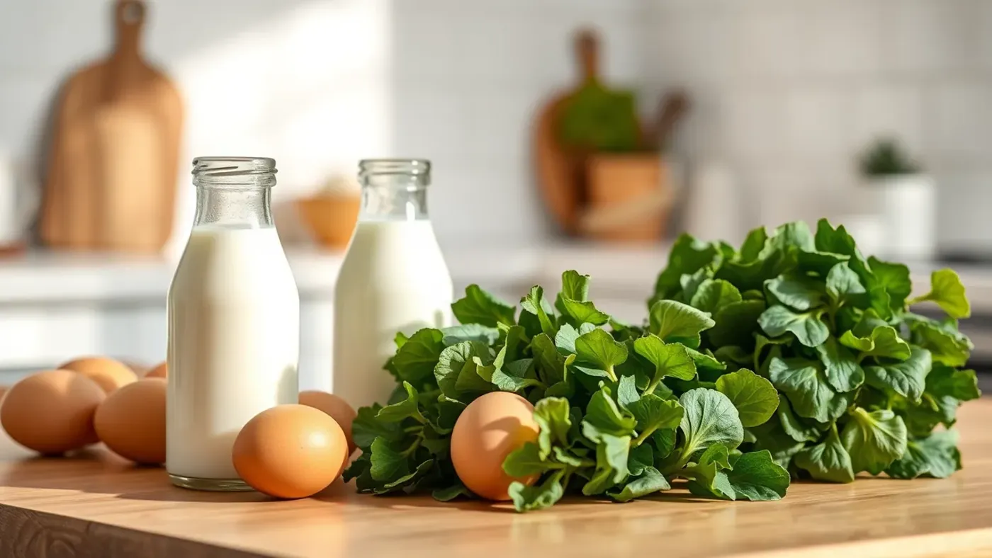 Các loại thực phẩm giàu vitamin B2 như sữa, trứng và rau xanh