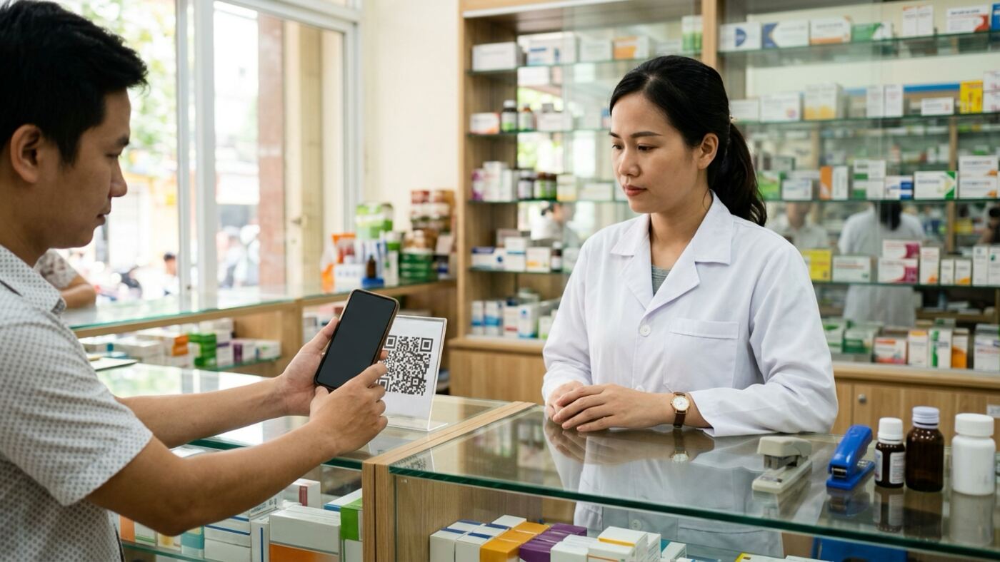 Khách quét mã tại quầy tạo mã qr thanh toán cho cửa hàng