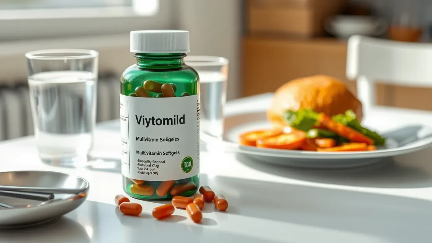 Viên vitamin tổng hợp bên ly nước và bữa sáng trên bàn